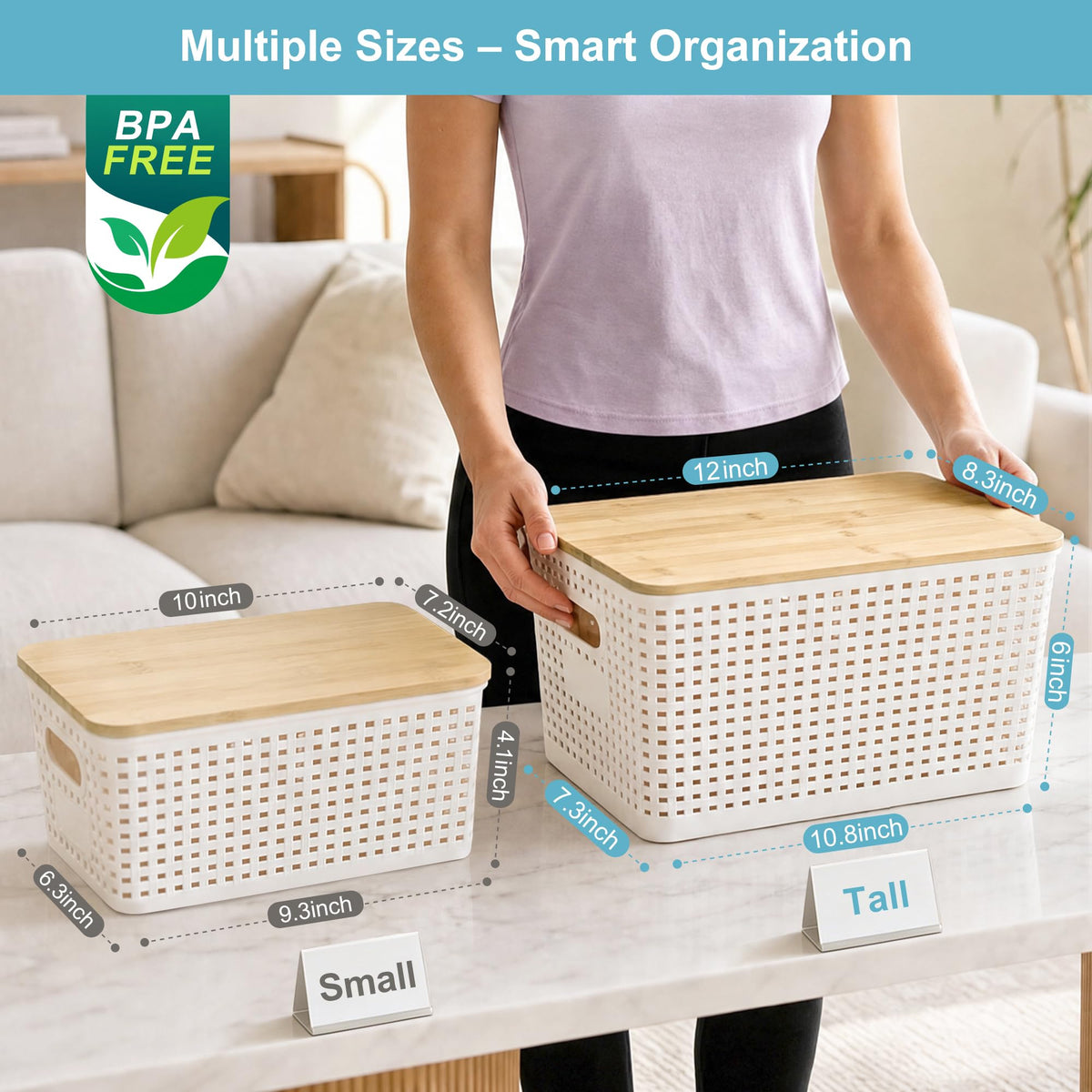 Bagnizer Small Plastic Storage Bins with Bamboo Lids 5.2qt Stackable Box Basket Pantry Decorative Containers Cute with Labels for Organizing Desktop Closet Office Cream White of 6 packs 10*7.2*4.1"