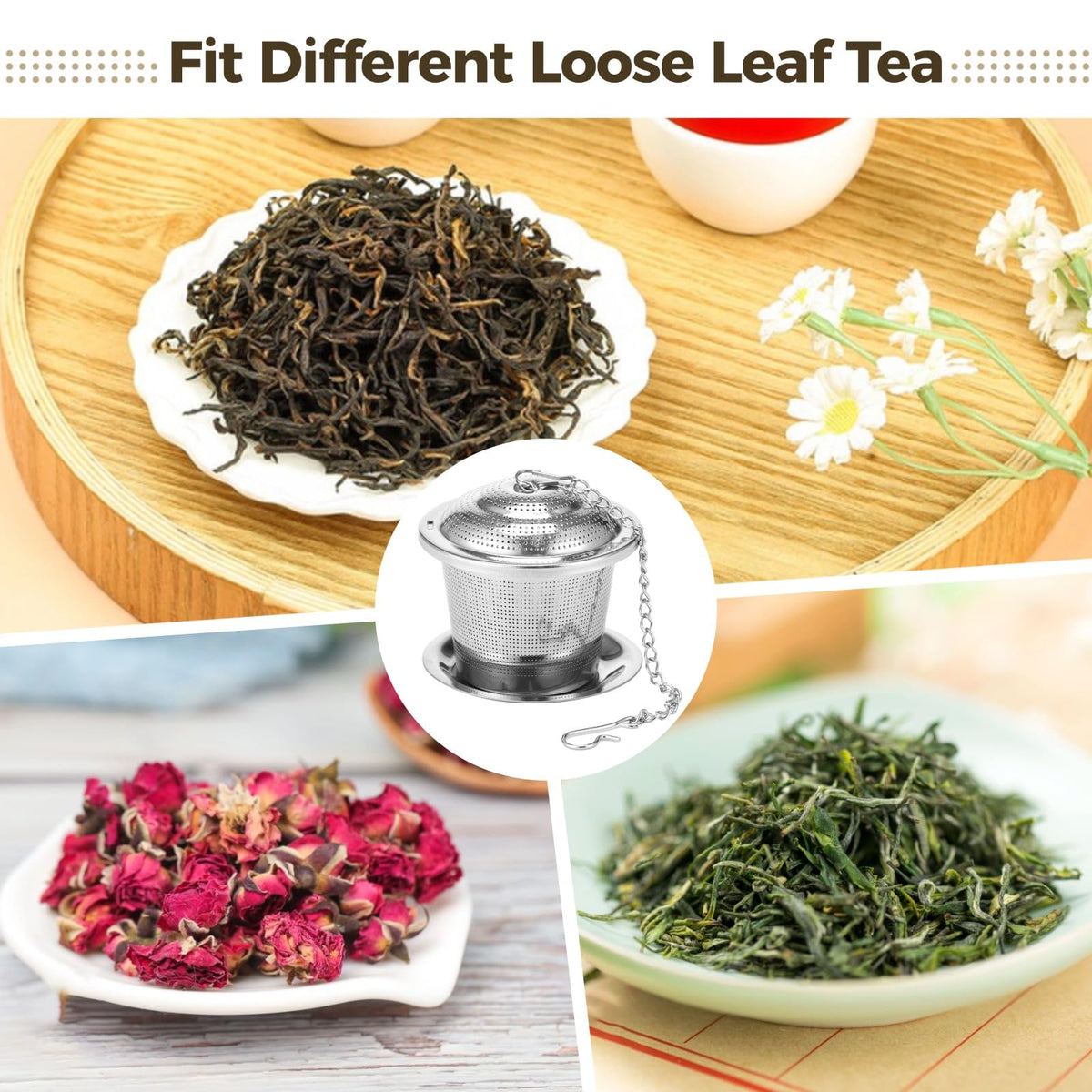 9 Pcs Stainless Steel Tea Infusers, Mesh Loose Leaf Tea Strainers, Mesh Strainer with Drip Trays and Hook Chain, Ideal for Cups, Mugs, Teapots