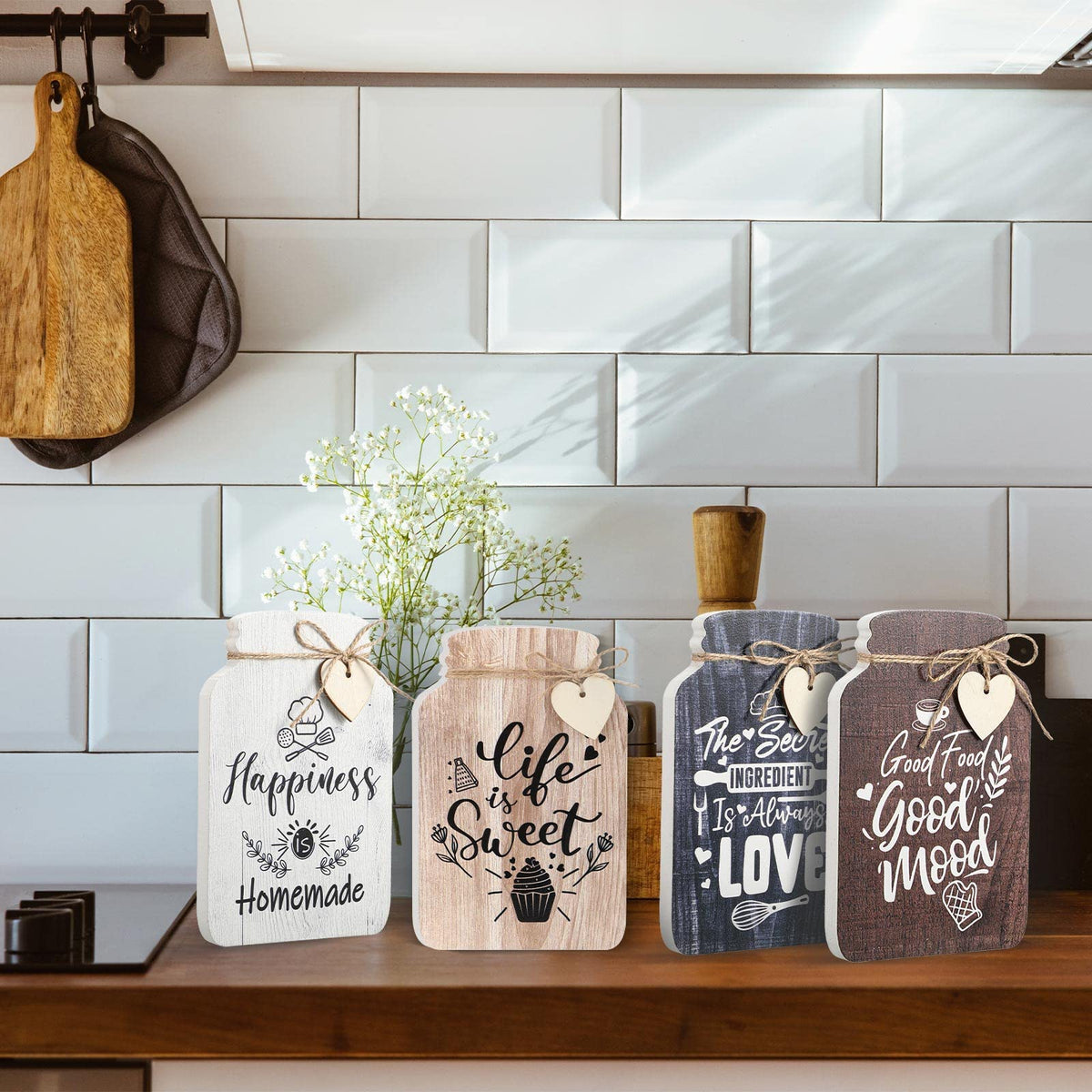 Weysat 4 Pieces Kitchen Wall Decor Mason Jar Set 5 x 8 Inch Wooden Farmhouse Dining Room Art Rustic Inspirational Kitchen Signs Decorations Mason Jar Wall Hanging Plaque