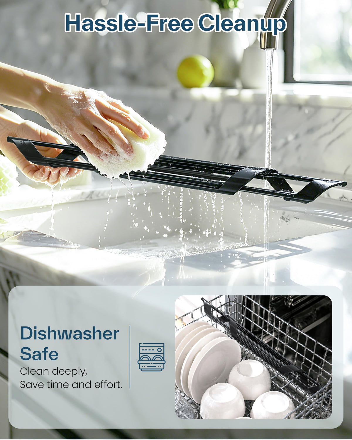 Ohuhu Corner Sink Caddy, Sponge Holder for Kitchen Sink Organizer - Silicone Wrapped Steel Anti Slip Rust Triangle Over the Sink Roll-UP Dish Drying Rack for Sink Corner Kitchen Sink Accessories