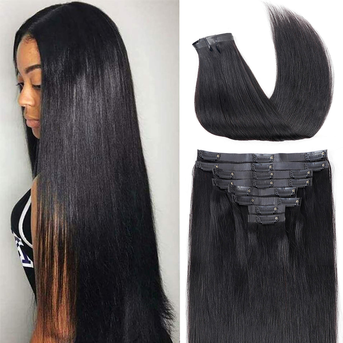 Canaryfly Clip In Hair Extensions For Black Women Pu Seamless Clip In Hair Extensions Human Hair 100% Unprocessed Full Head Braz