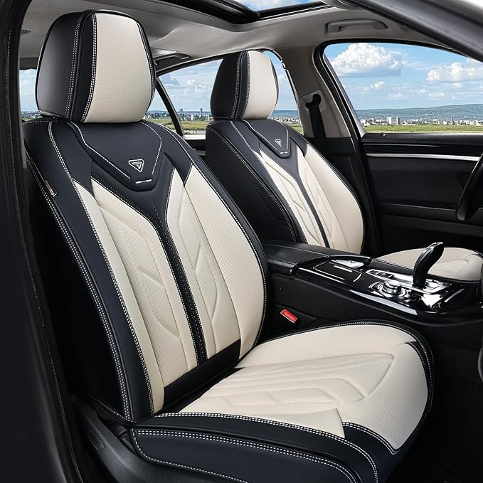 Coverado Seat Covers, Car Seat Covers Full Set, Leather Seat Covers for Cars, Automotive Seat Covers Car Seat Protector Car Accessories Fit for Most Sedans SUV Pick-up Truck(Black&Beige)