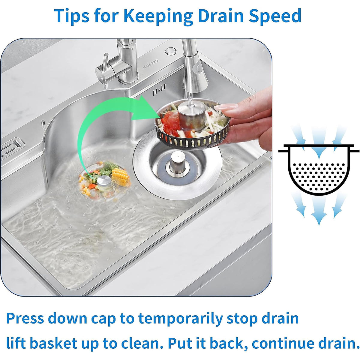 Sink Drain Strainer - Sink Stopper for Kitchen Drain,3 in 1 Kitchen Sink Drain Strainer with Anti Clogging Basket, Easy to Install Kitchen Sink Stopper for US Standard 3-1/2” Drain Hole