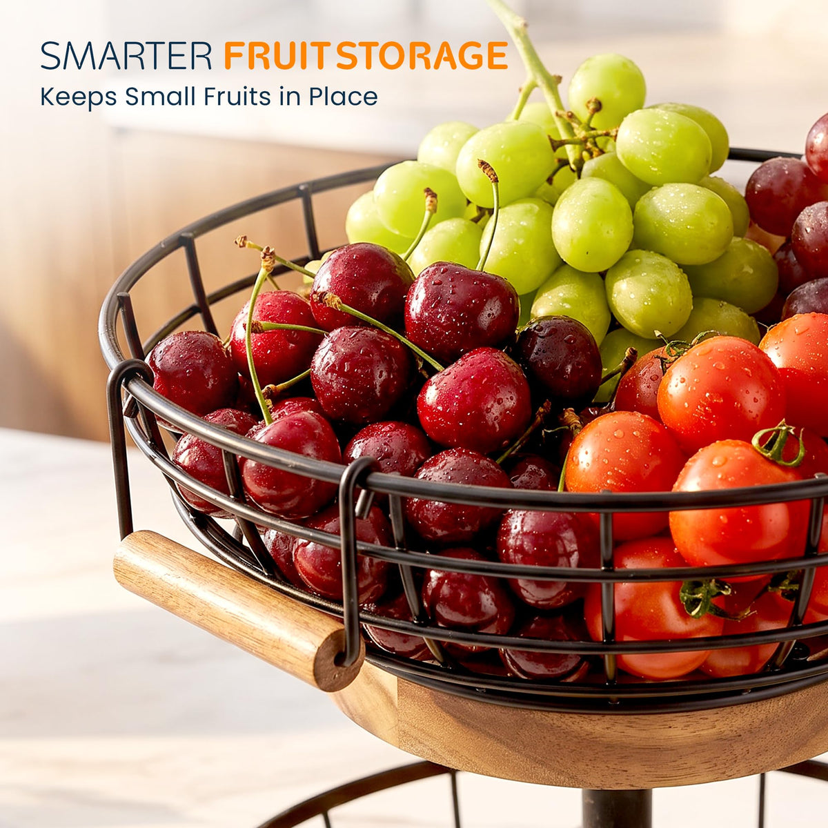 MILENTII 2 Tier Fruit Basket with Banana Hanger, Metal Fruit Bowl Stand with Wooden Base, Kitchen Counter Fruit Organizer for Vegetables, Bread, Snacks Storage Basket