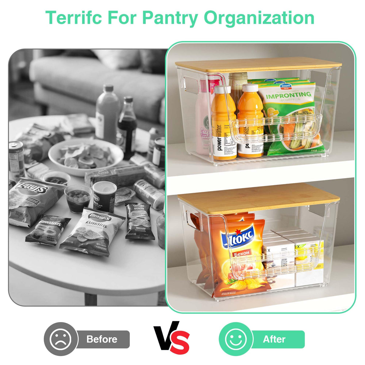 Wrrlors 2 Pack Pantry Organizers,Clear Onion Storage Bins with Bamboo Lids