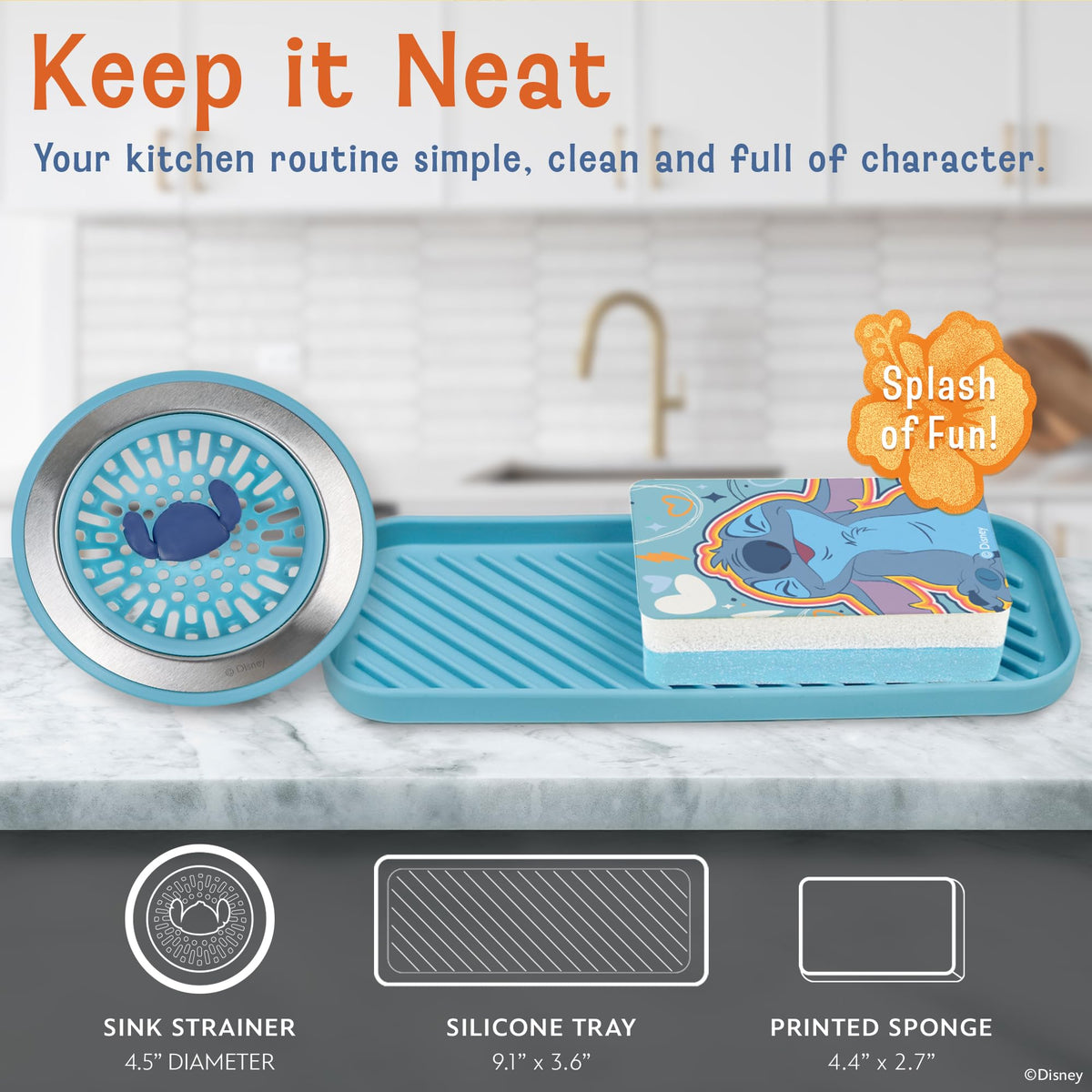 Disney Stitch Sink Drain Strainer, Dish Sponge & Silicone Sink Tray Set