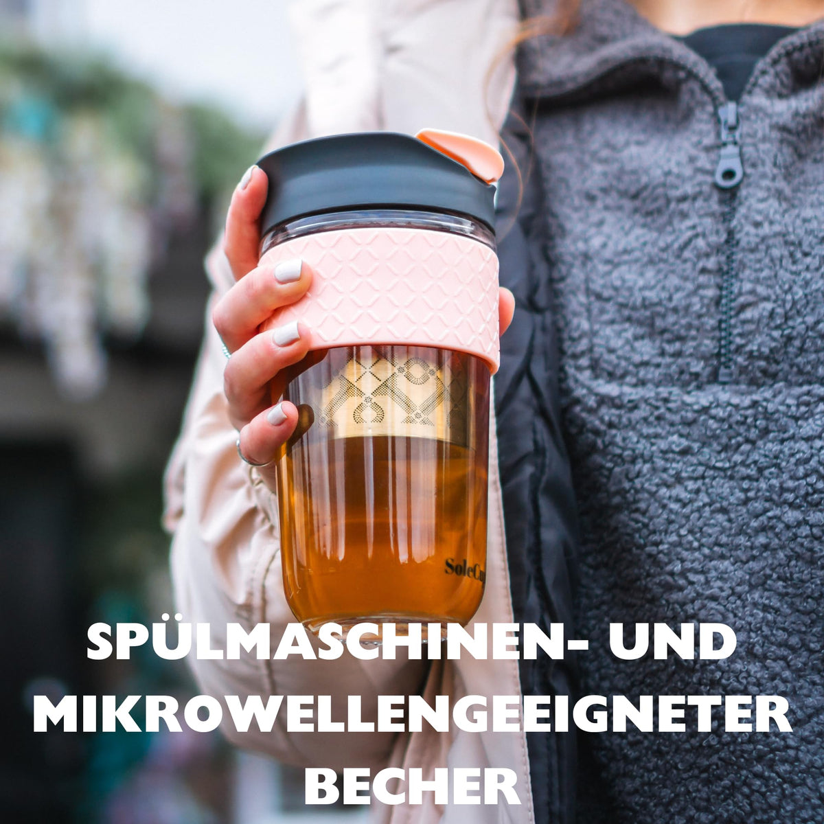 SoleCup. Large Travel Mug Loose Tea Infuser - Detachable Tea Strainer with Spill Proof Lid - 18oz/530ml BPA-Free Reusable Glass Travel Coffee Cup with Silicone Band (Ice Cream, 18oz)