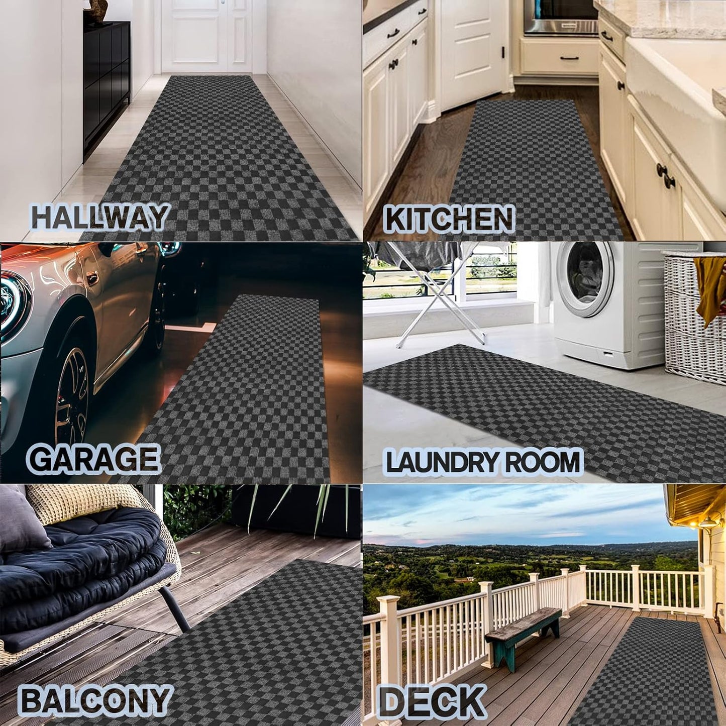 Custom Size Backed Non-Slip Area Rugs Runner, Easy Clean, Waterproof Runner Rugs for Hallway Entryway, Kitchen, Laundry, 3FT x 33FT, Gray Checkered