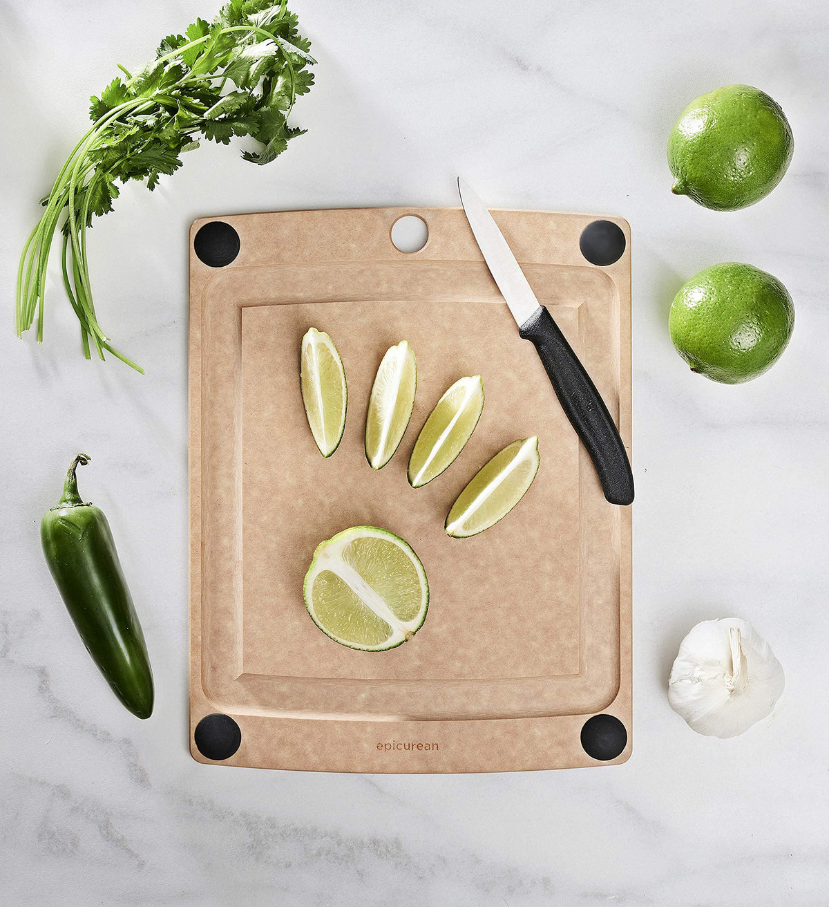 Epicurean All-In-One Cutting Board with Non-Slip Feet and Juice Groove, 11.5" × 9", Natural/Black