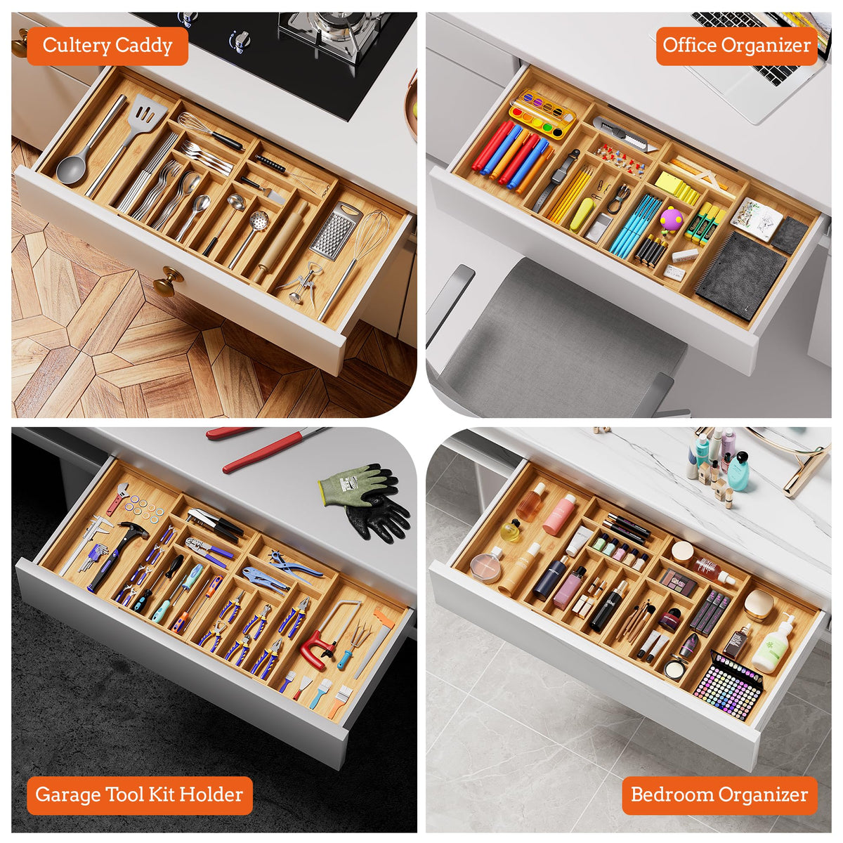 Silverware Organizer Large, Magnetic Connected Expandable 13 Slots Silverware Drawer Organizer From 21 to 37.4 Inches, Adjustable Flatware and Cutlery Holder, Bamboo Utensil Tray for Kitchen Natural