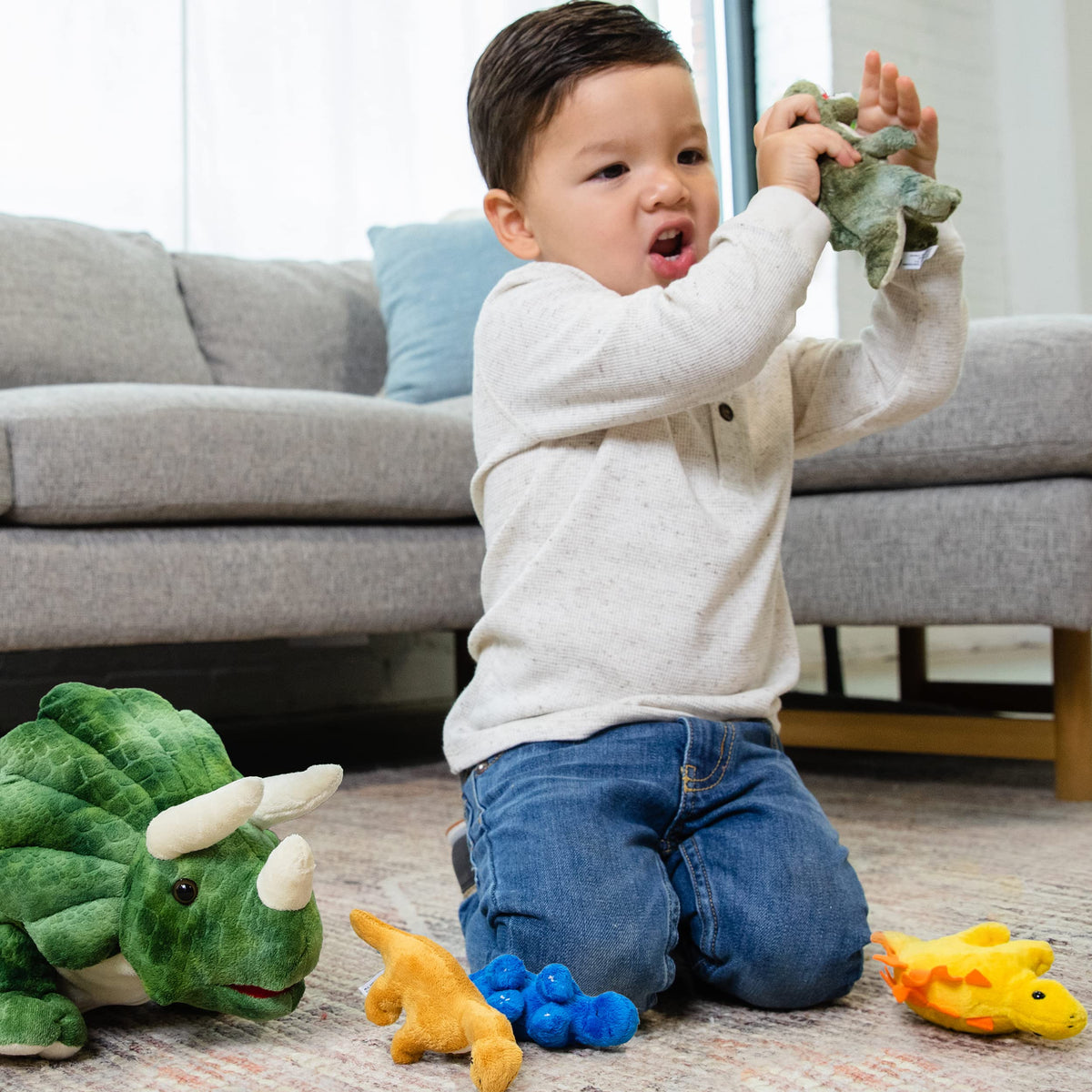PREXTEX 15-Inch Triceratops Dinosaur Stuffed Animal Set with 4 Dino Plush Toys Inside, Large Zippered Pouch Dinosaur for Boys and Girls, Stuffed Animals Dinosaur Toys for Kids 3-5, Soft Plushies