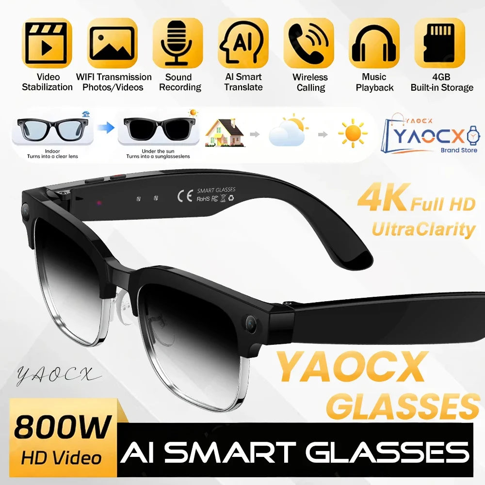 4K Smart AI Glasses 8MP Camera Recording Videos Photo Recognition Answer Translation BT Call Photochromic Sunglasses Waterproof