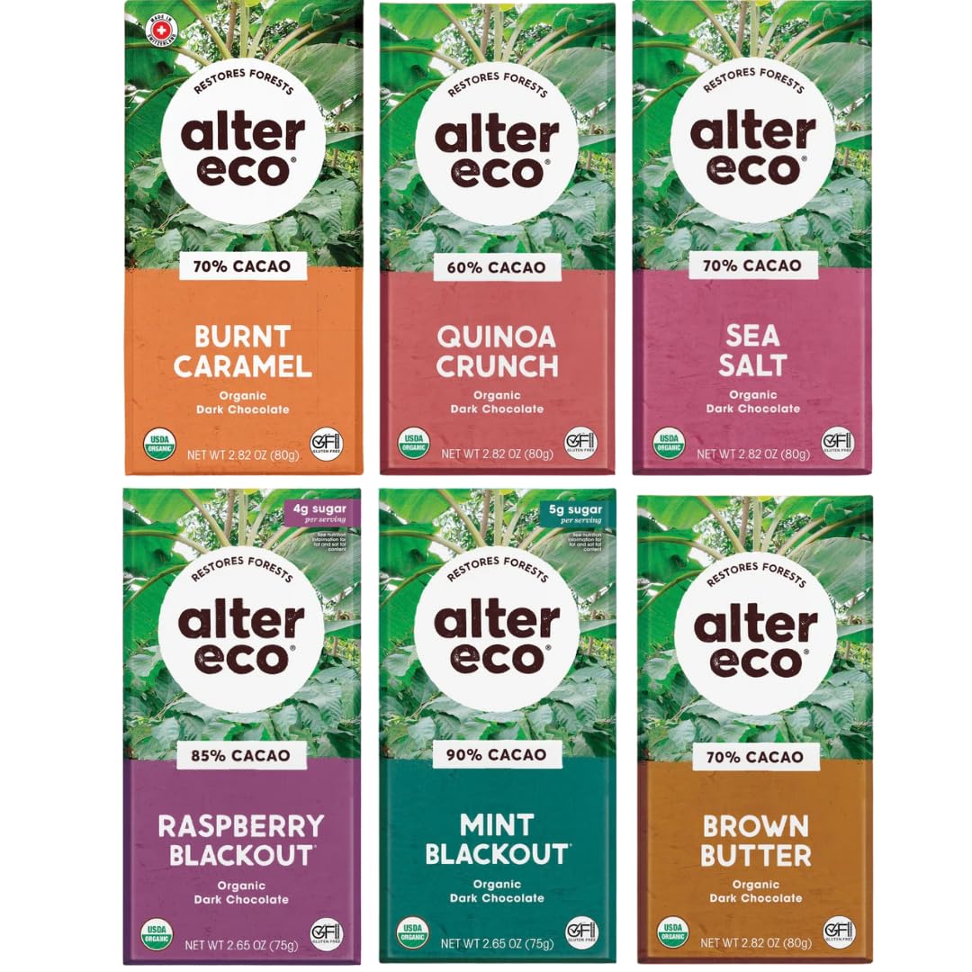 Alter Eco Dark Chocolate Variety Pack – 6 Bars (Quinoa Crunch, Dark Sea Salt, Mint Blackout, Salted Burnt Caramel, Salted Brown Butter, Raspberry Blackout) | Organic & Fair Trade