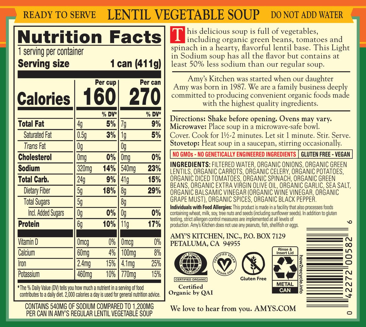Amy's Organic Light in Sodium Lentil Vegetable Soup – Gluten Free, Vegan, 14.5 oz (12 Pack)