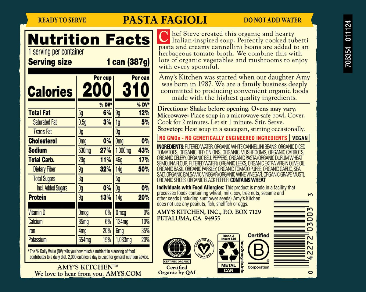 Amy's Organic Classic Italian Pasta Fagioli Soup - Dairy Free, Non-GMO, 13.65 oz (Pack of 12)