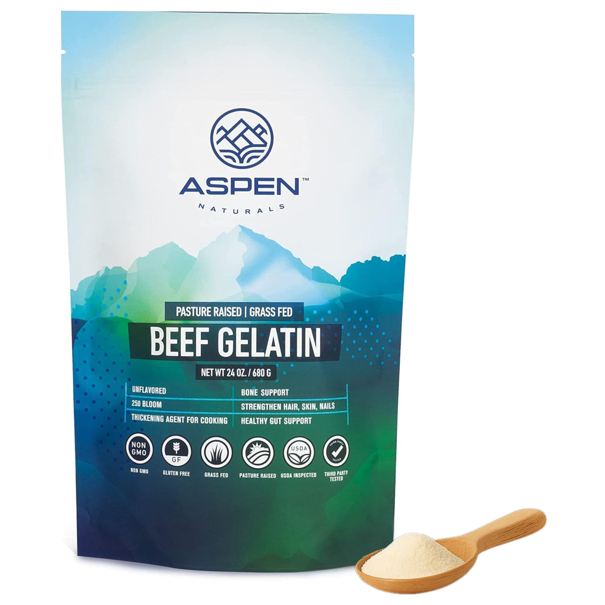 ASPEN NATURALS Beef Gelatin Powder Unflavored 24 Oz – Grass-Fed, Non-GMO, Gluten-Free, Paleo-Friendly
