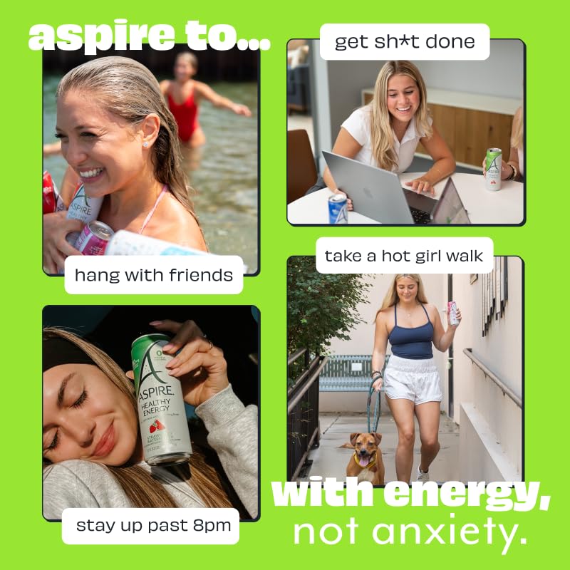 ASPIRE Healthy Energy Drink – Low Caffeine, Zero Sugar, Keto Friendly, Strawberry Watermelon (12 Pack)