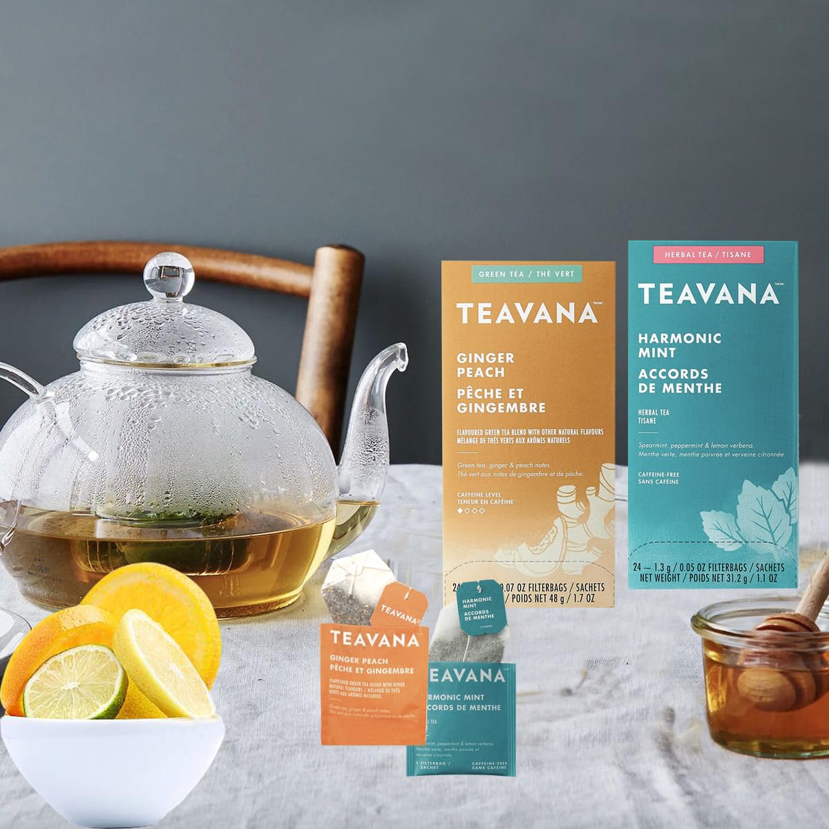AYD Goods Medicine Ball Tea Bundle: Ginger Peach & Harmonic Mint with Honey Sticks (48 Teabags)