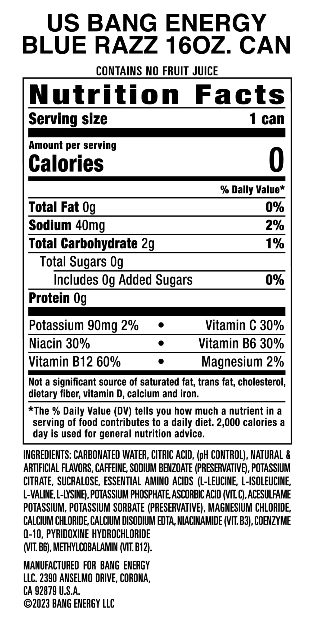 Bang Energy Blue Razz – Sugar-Free 16oz Caffeine Drink