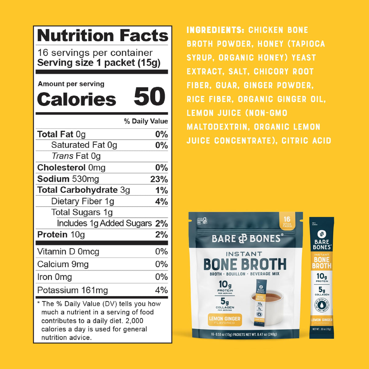 Bare Bones Lemon Ginger Bone Broth Instant Packets – 5g Collagen, 10g Protein, Keto & Paleo | No Artificial Flavors | 16 Pack