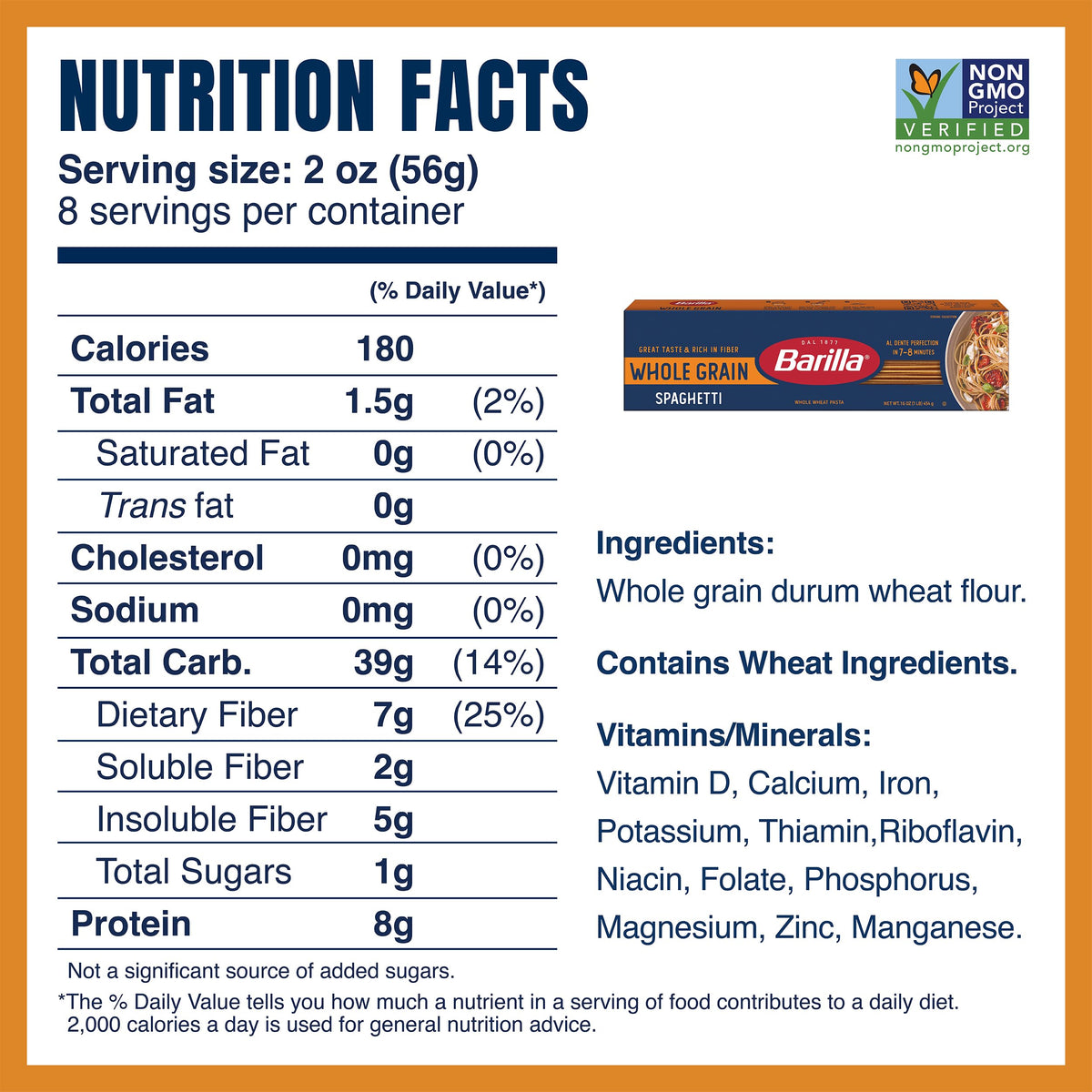 Barilla Whole Grain Spaghetti Pasta – 20-Pack, 100% Whole Durum Wheat, Non-GMO, 3g Fiber per Serving