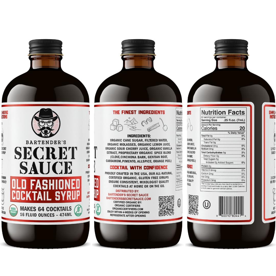 Bartender’s Secret Sauce Old Fashioned Mix – USDA Organic Old Fashioned Syrup with Bitters, 64 Cocktails, 16 oz