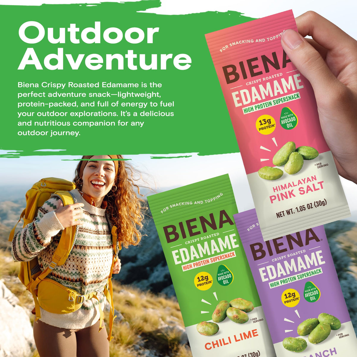 BIENA Crispy Roasted Edamame Snack — 12-13g Protein per Serving, Avocado Oil, 18-Pack Variety (Gluten-Free, Vegan)