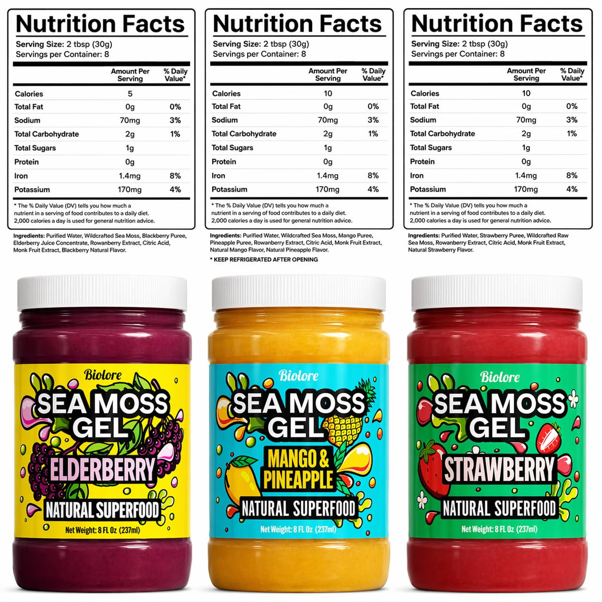 Biolore Sea Moss Gel Set of 3 – 24oz Total | Mango-Pineapple, Elderberry & Strawberry – Wildcrafted, Vegan, Made in USA