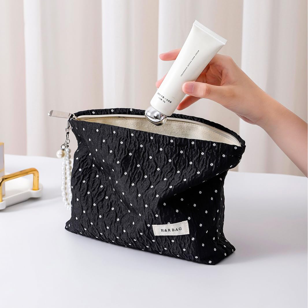 Black Polka Dot Makeup Bag 2 Sizes Zipper Cosmetic Pouch With Wrist Strap