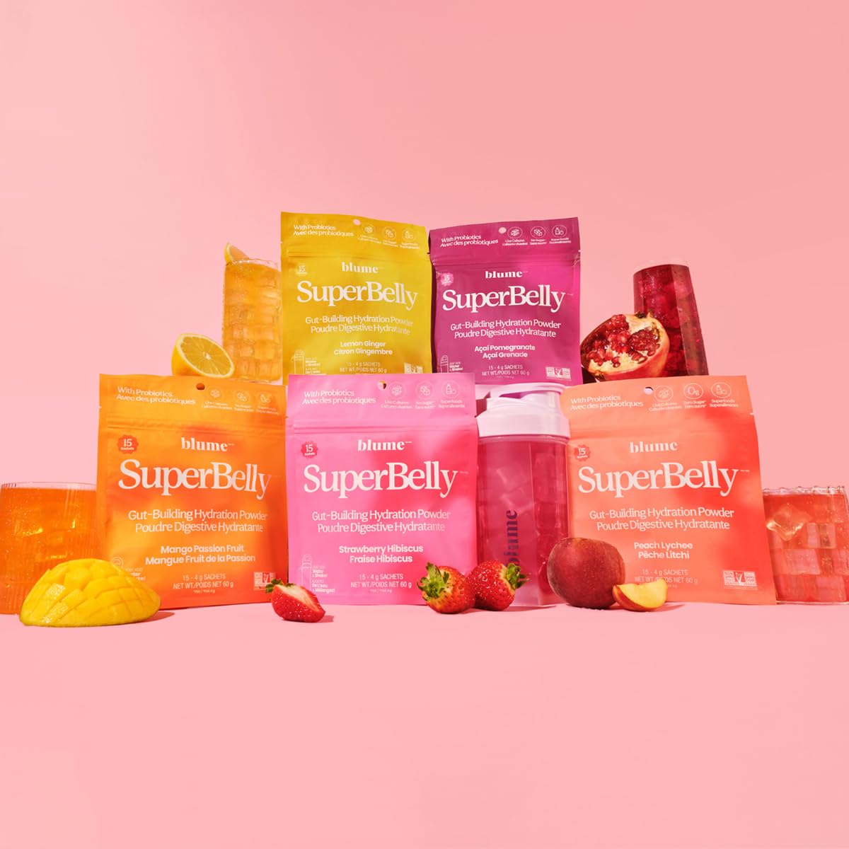 Blume SuperBelly Gut Health + Hydration - Sugar Free Probiotics, Prebiotic Fiber, Electrolytes, Lemon Ginger, 15 Sticks