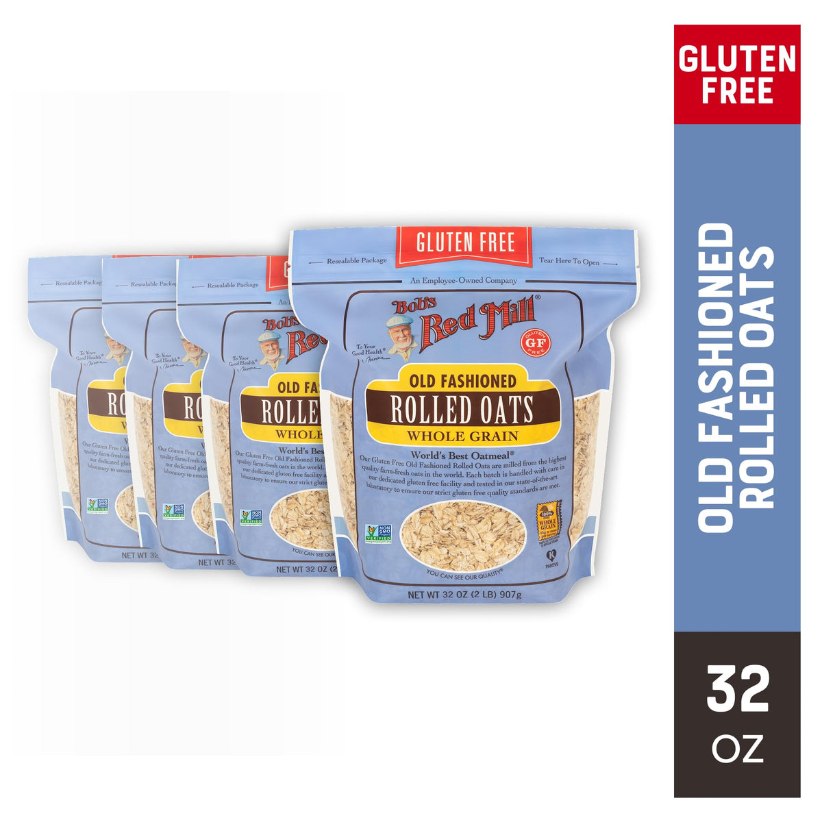 Bob's Red Mill Gluten Free Old Fashioned Rolled Oats, 32oz Pack of 4 – Non-GMO, Whole Grain, Vegan, Kosher