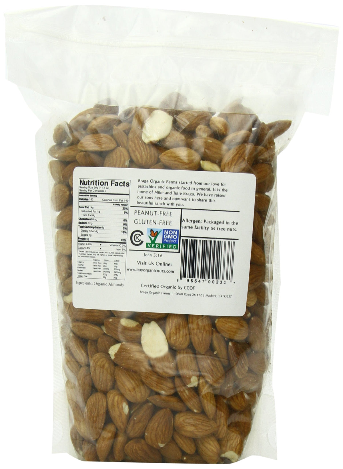 Braga Organic Farms Organic Natural Almonds 2 lb Bag – California Grown, Steam Pasteurized