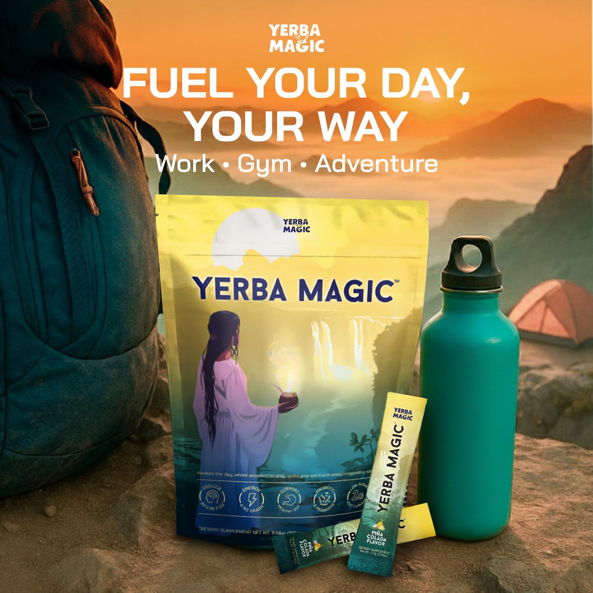 Brainista Yerba Magic Yerba Mate Packets – Instant Clean Energy, Focus & Gut Health (Pina Colada, 20 Sticks)