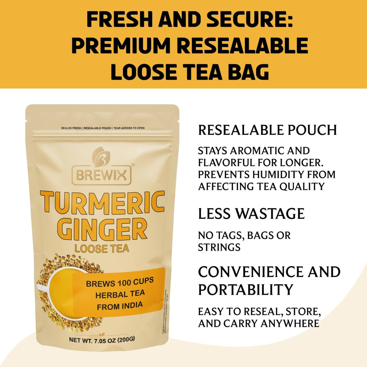 BREWIX Turmeric Ginger Loose Herbal Tea – 100+ Cups, Caffeine Free & Gluten Free