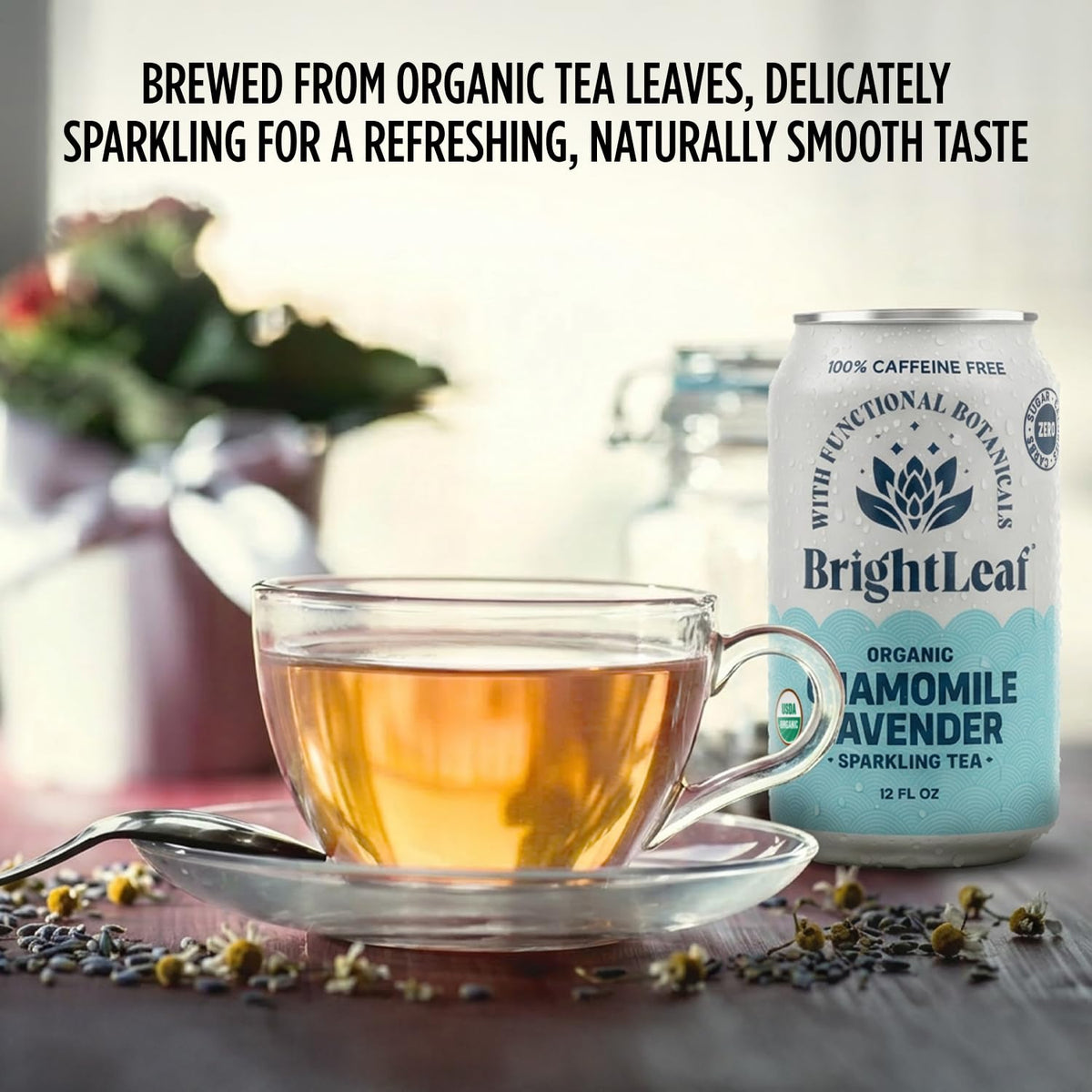 BrightLeaf Chamomile Lavender Sparkling Tea — Calming, Caffeine-Free, Organic 12oz Can