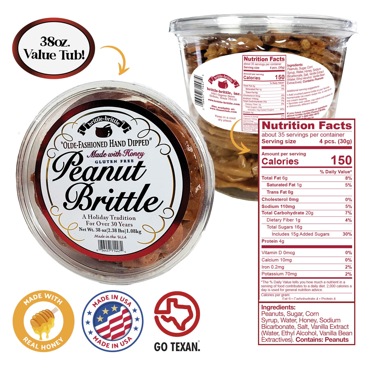Brittle-Brittle Peanut Brittle Candy – Handmade Old-Fashioned, Honey-Sweetened, Gluten-Free, 38 oz
