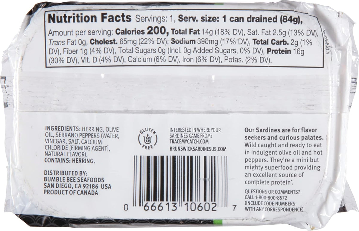 Brunswick Sardines in Olive Oil with Hot Peppers – Wild-Caught, Boneless Butterflied Fillets (12-Pack)