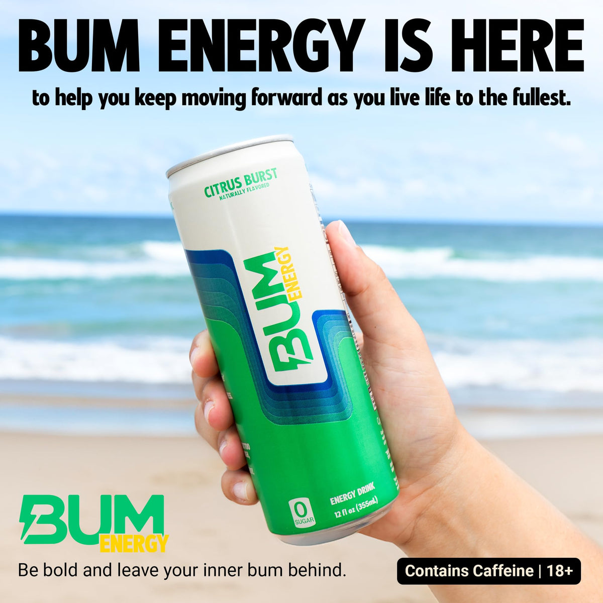 BUM Sugar-Free Citrus Burst Energy Drink — Lightly Carbonated with Natural Caffeine & Citicoline | 12 oz Pack of 12