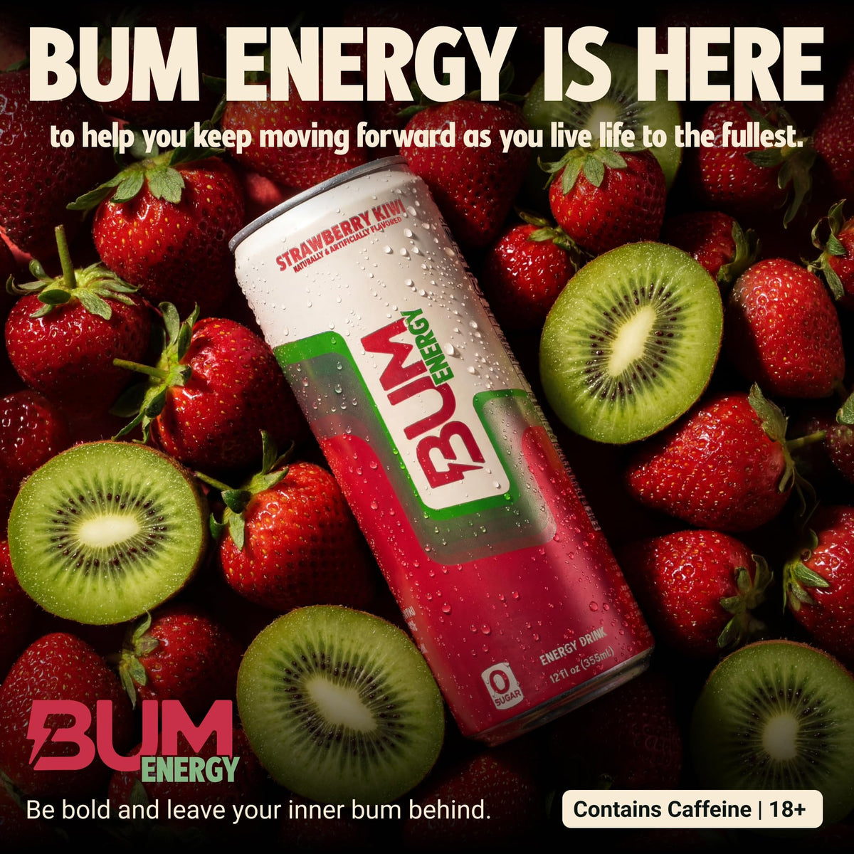Bum Energy Sugar-Free Strawberry Kiwi – Clean Energy with Cognizin & Natural Caffeine (12 Pack)