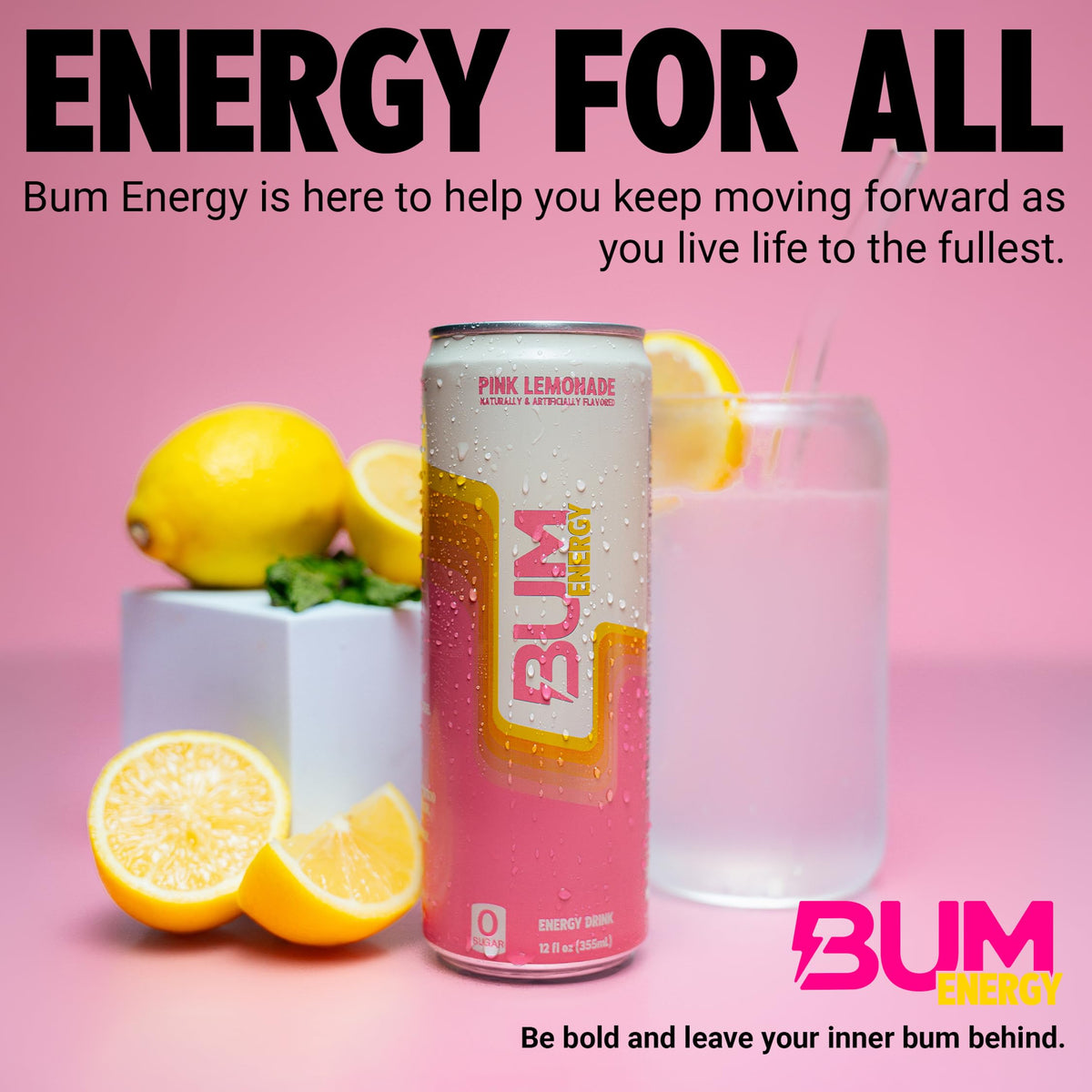 BUM Sugar-Free Pink Lemonade Energy Drink — Natural Caffeine & Cognizin, Lightly Carbonated, 12 oz (12-Pack)