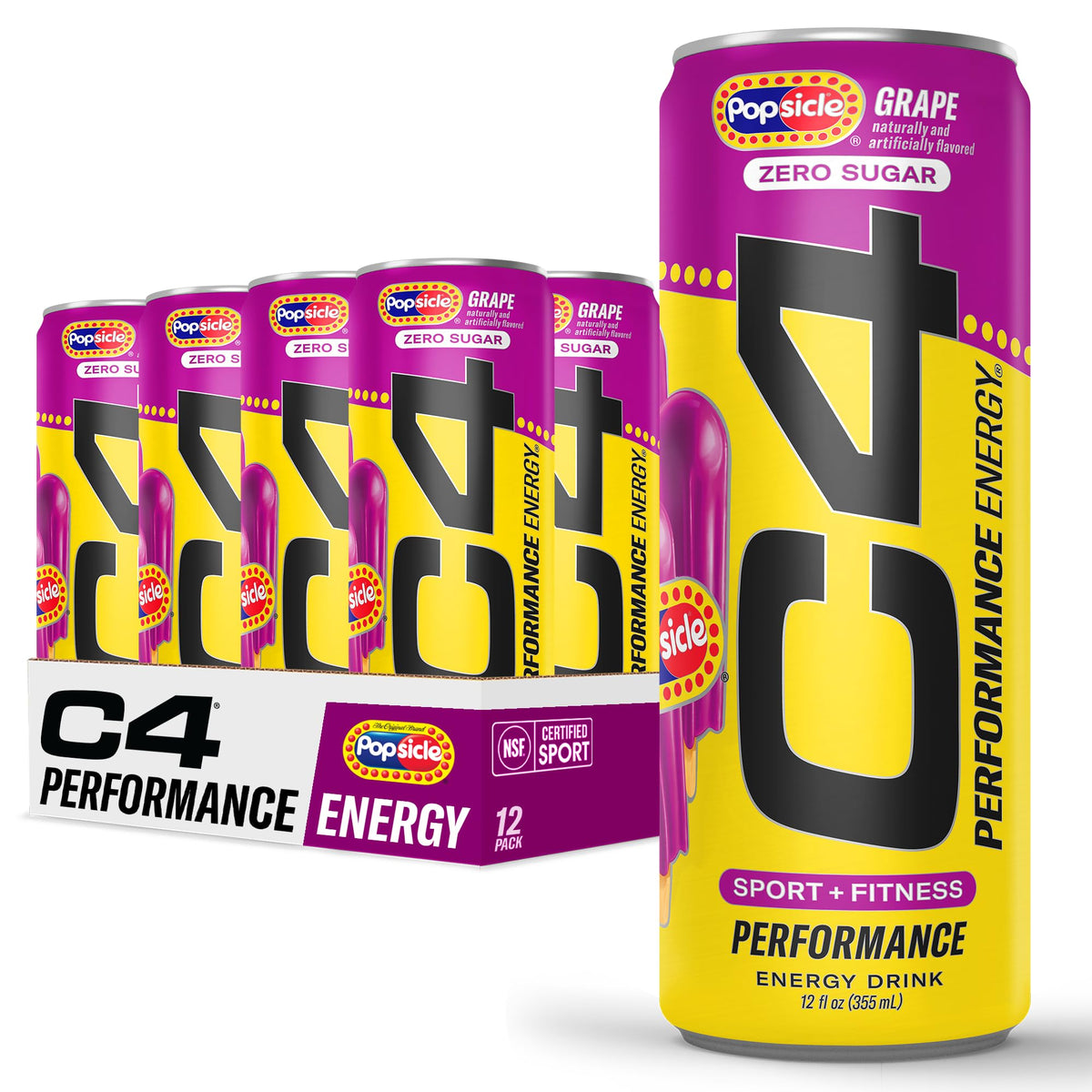 C4 Performance Energy Drink Grape Popsicle – Zero Sugar, 12 Pack