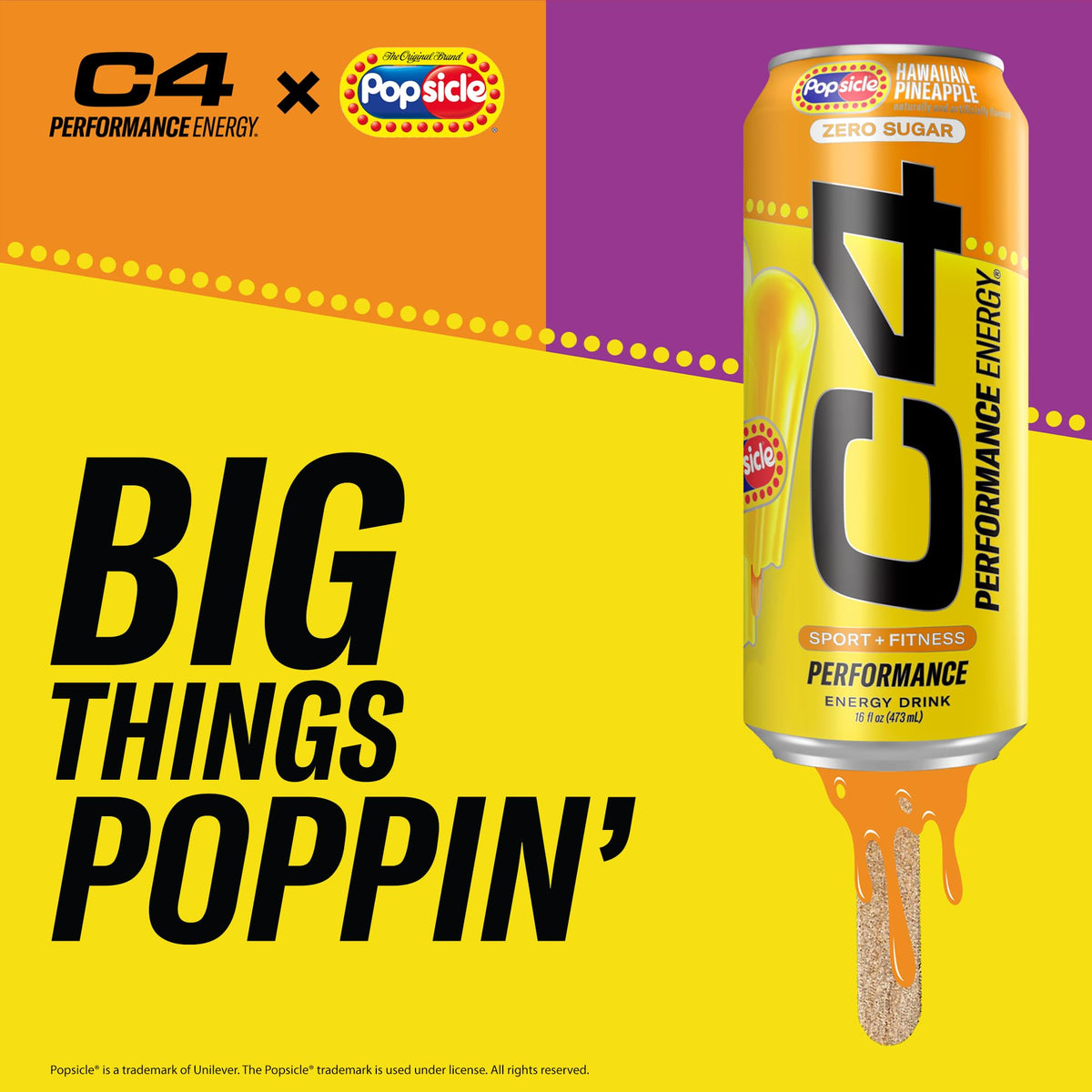 C4 Performance Energy Drink – Hawaiian Pineapple Popsicle, Zero Sugar, 200mg Caffeine, 16 fl oz, 12 Pack