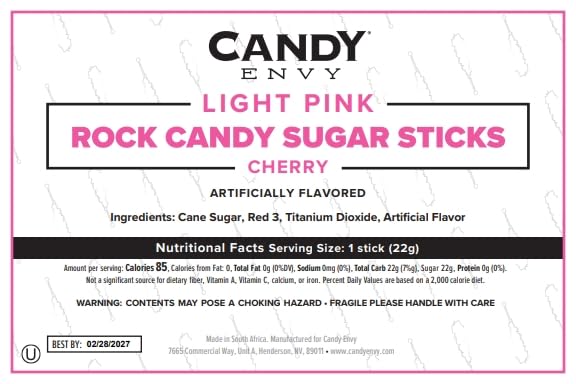 Candy Envy Light Pink Cherry Rock Candy Sticks – 36 Individually Wrapped Party Favors