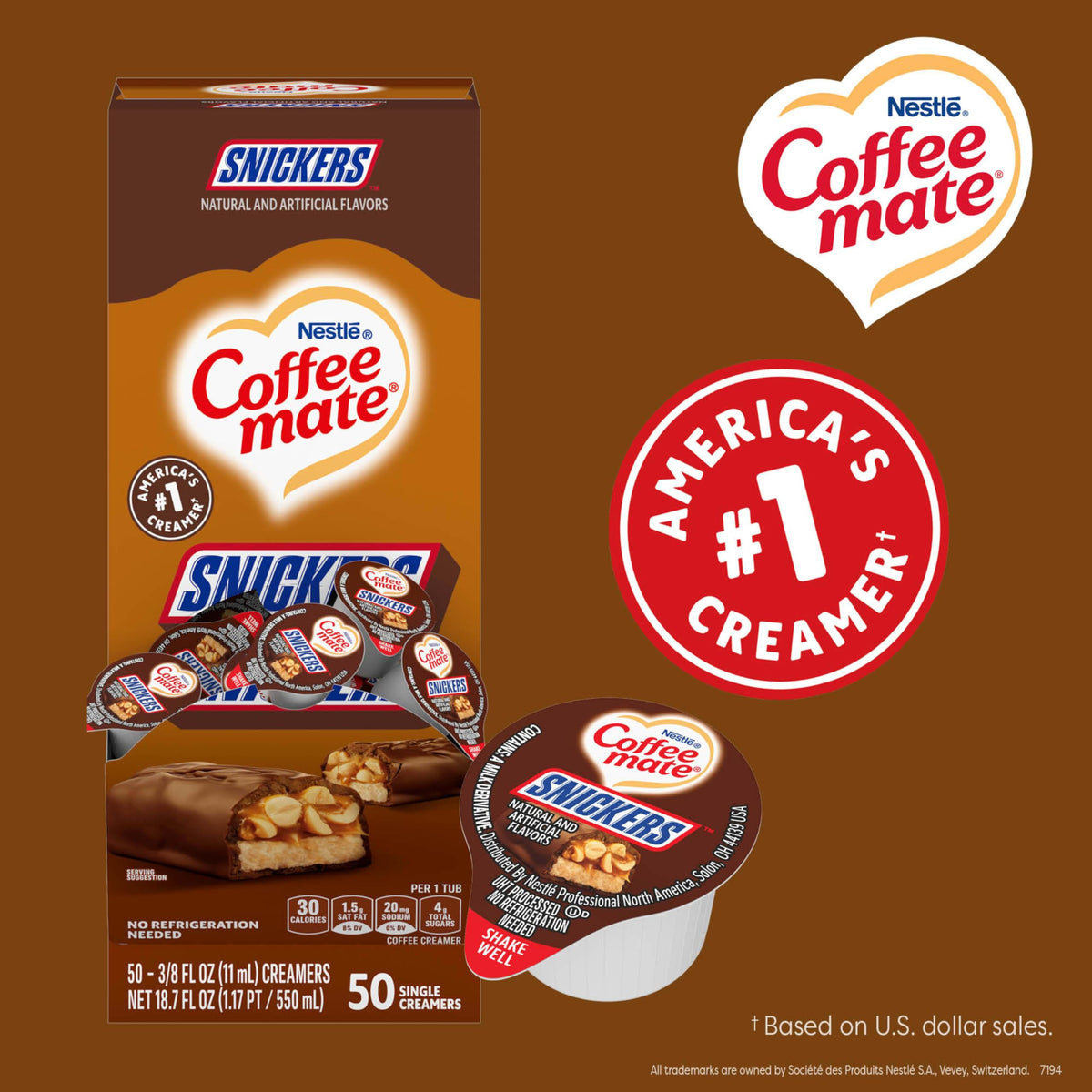 Coffee Mate Snickers Liquid Creamer Singles – Non-Dairy, Shelf-Stable, 200-Pack (0.375 fl oz Tub)