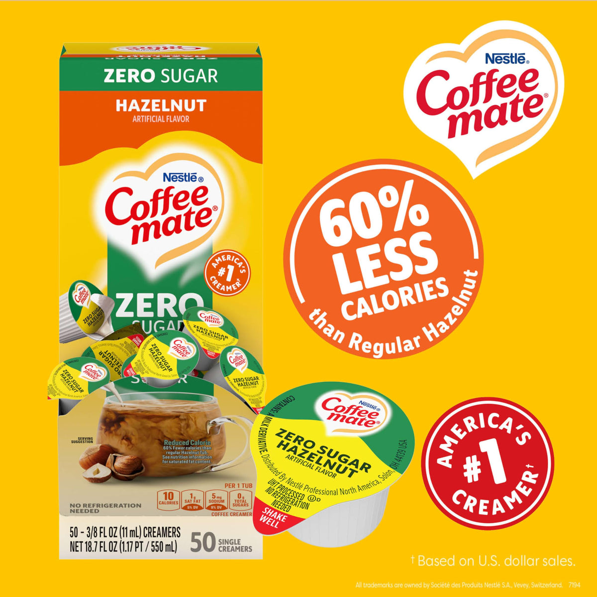 Coffee Mate Zero Sugar Hazelnut Liquid Creamer Singles – Non-Dairy, No Refrigeration, 0.375 fl oz Tub, Pack of 200