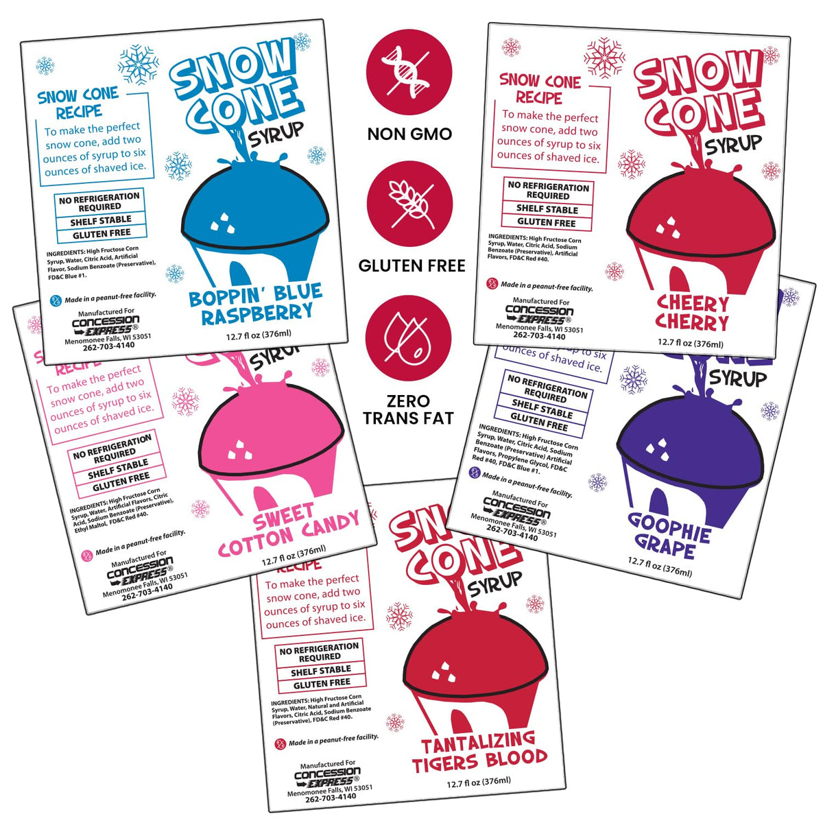 Concession Express Snow Cone Syrup Fun Flavors Pack (5 Flavors, 12.7 oz) – Blue Raspberry, Cherry, Cotton Candy, Grape & Tiger’s Blood