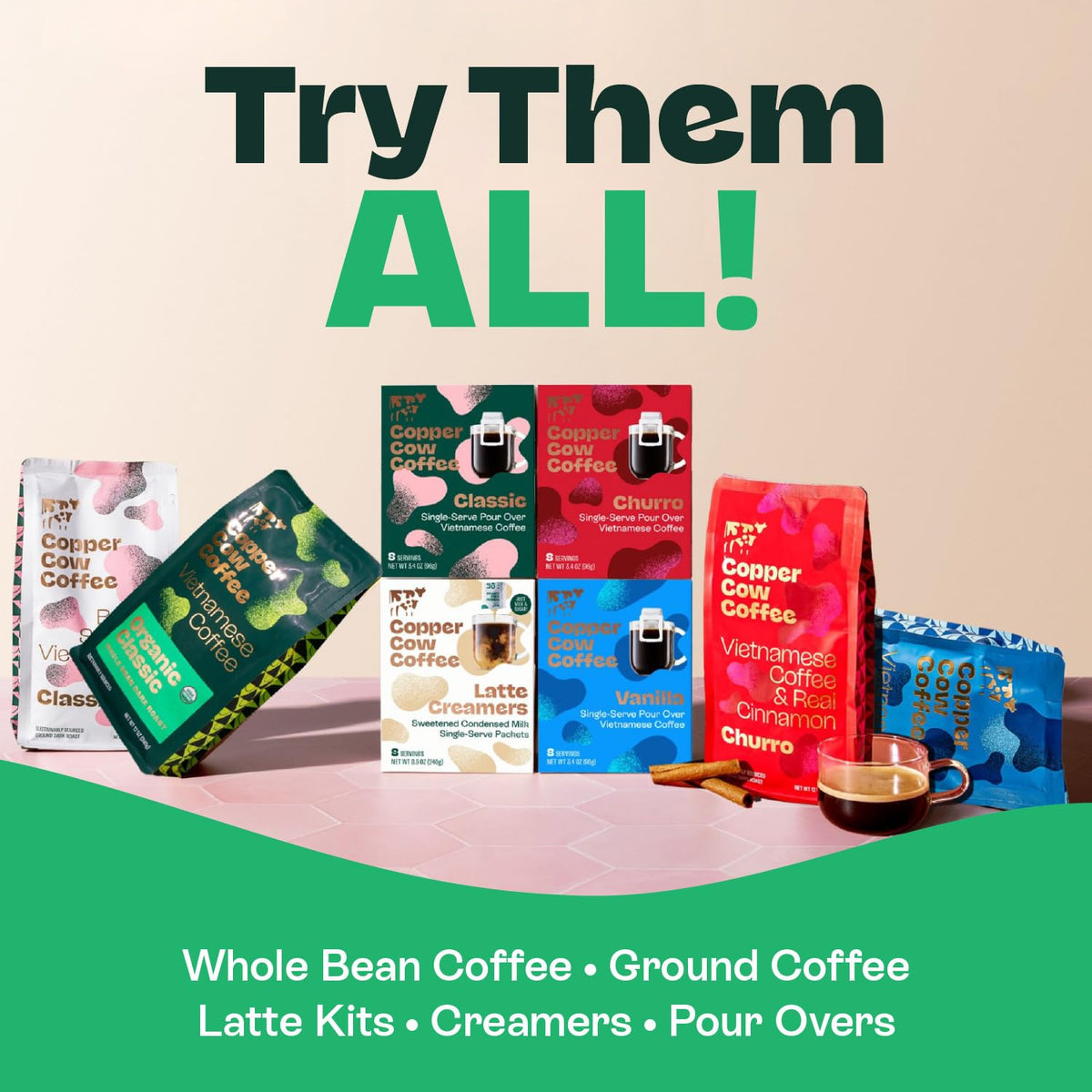 Copper Cow Coffee Pour Over Vietnamese Coffee Pouches + Sweetened Condensed Milk Creamers (8 Coffees & 8 Creamers) — No Refrigeration Needed, Travel Ready