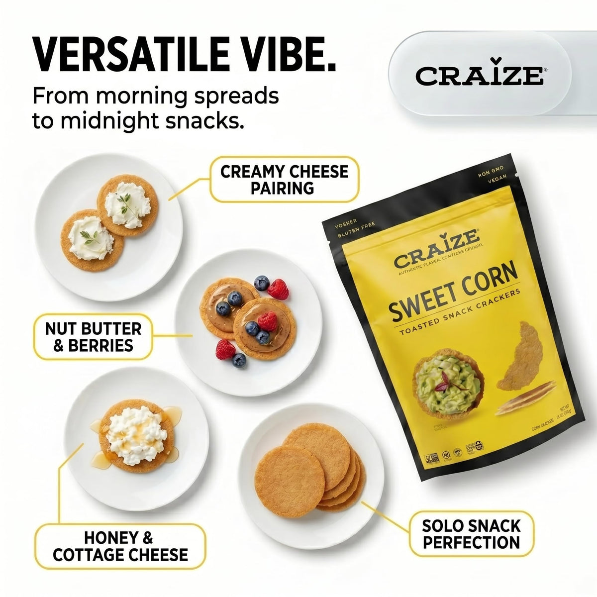 Craize Sweet Corn Crisps – Gluten Free, Vegan & Kosher Toasted Corn Crackers | 6 Pack (4 oz Each)