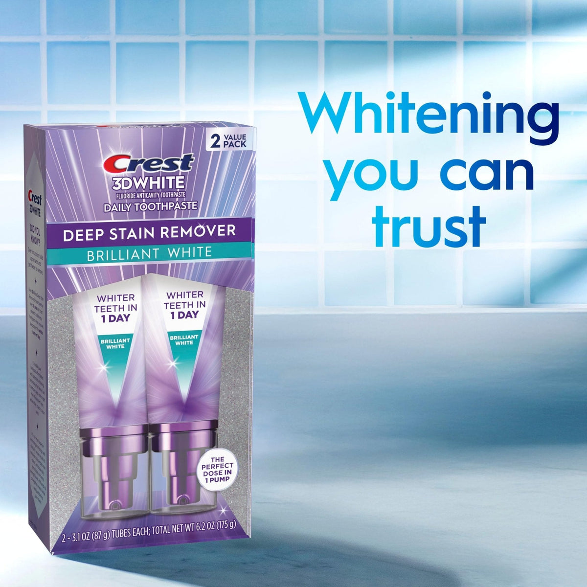 Crest 3D White Deep Stain Remover Toothpaste, Teeth whitening for Adults, 3.1oz, 2 Pack, Sensitivity Safe, Enamel Repair, Cavity Protection, Fluoride Toothpaste, Travel Size Toiletries