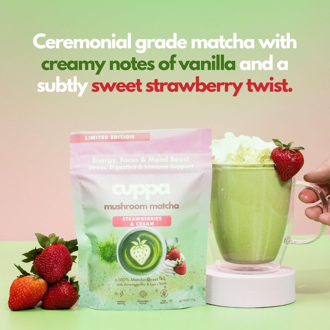 Cuppa Strawberries & Cream Matcha — Ceremonial Grade with Lion's Mane & Adaptogens (30 Servings)